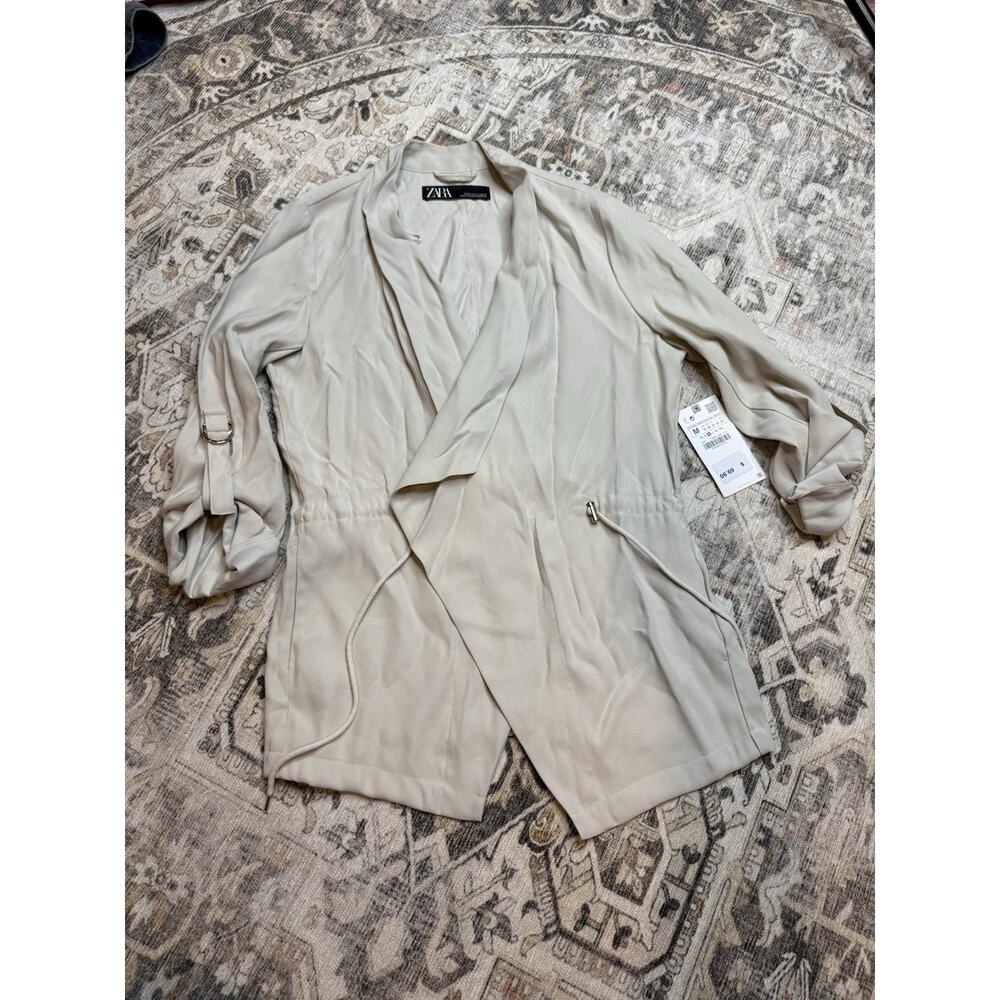 Zara Basic Collection Draped Front Open Jacket M Beige Lightweight Minimalist